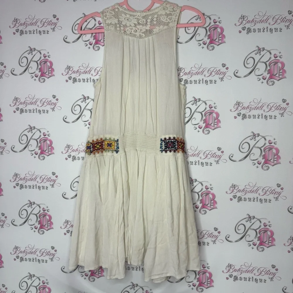 Free people dress Aztec embroidered embroidery cream white boho hippie flowy